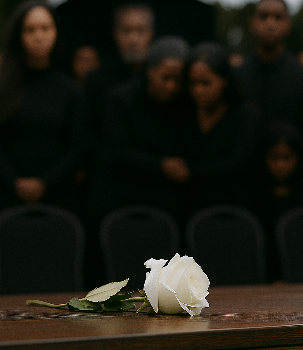 Generated: white rose on casket with family behind
